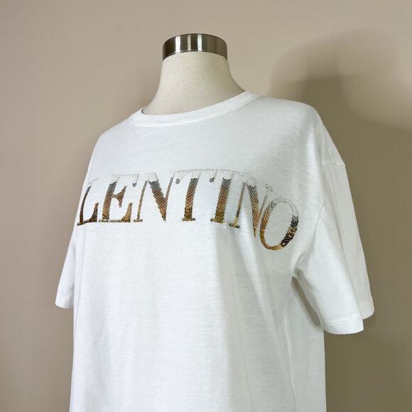 Valentino | Gradient Sequin Logo Silver Gold White Cotton Designer Tee T-Shirt S - Picture 4 of 10